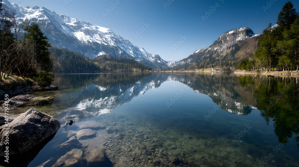 Fototapeta premium Mountain Lake Reflection: Breathtaking view of a serene lake nestled amidst towering mountains, their snow-capped peaks mirroring perfectly in the crystal-clear water, and lush greenery.