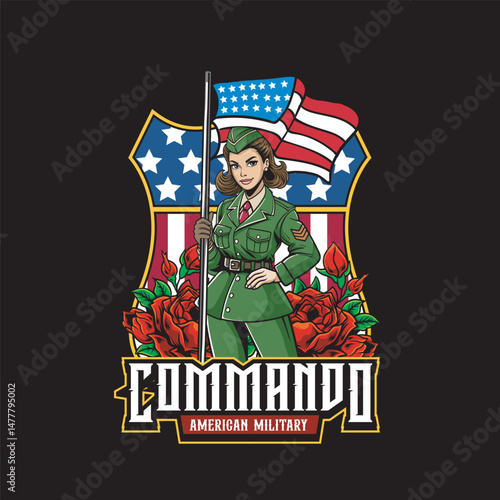 Vector Illustration of Woman Soldier with Flag in Retro Vector Illustration Available for Tshirt Design