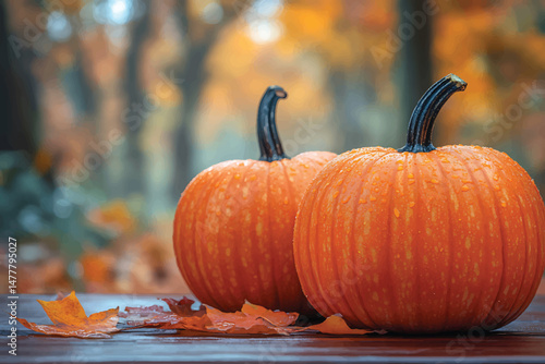 Two vivid orange pumpkins, freshly moistened, sit perfectly among fallen autumn leaves on wood