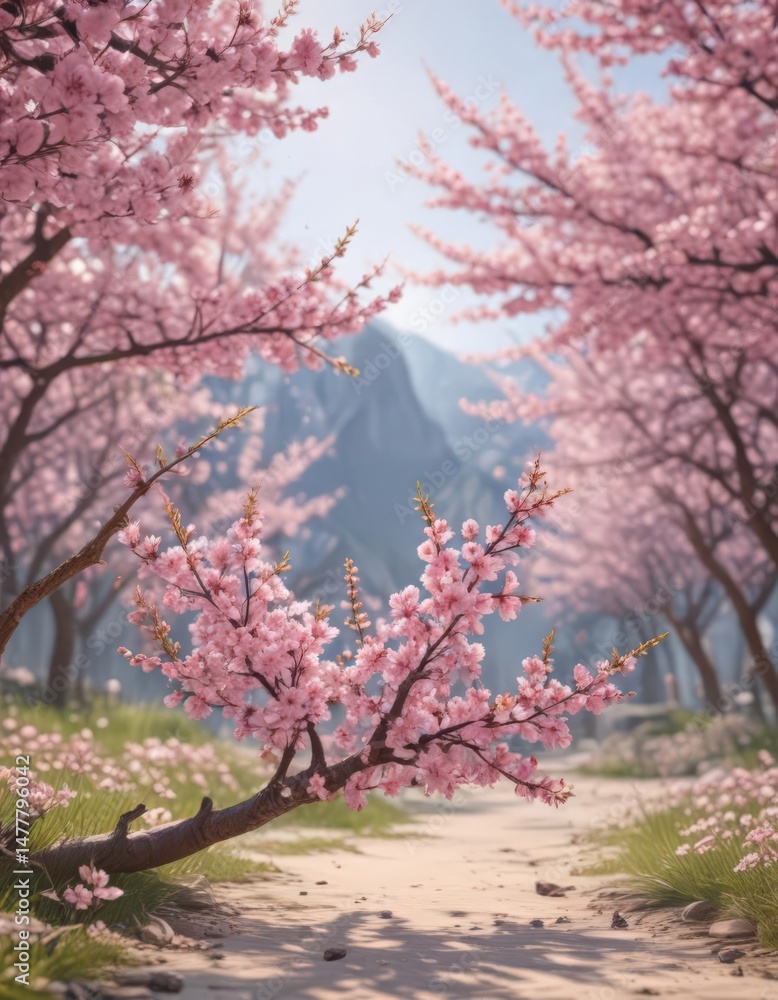 Delicate pink cherry blossoms frame a vibrant spring scene , flower, pink spring Delicate pink cherry blossoms frame a vibrant spring scene , flower, pink spring