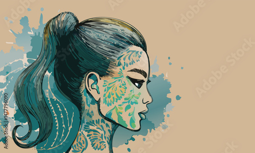 Woman with turquoise floral pattern ink design