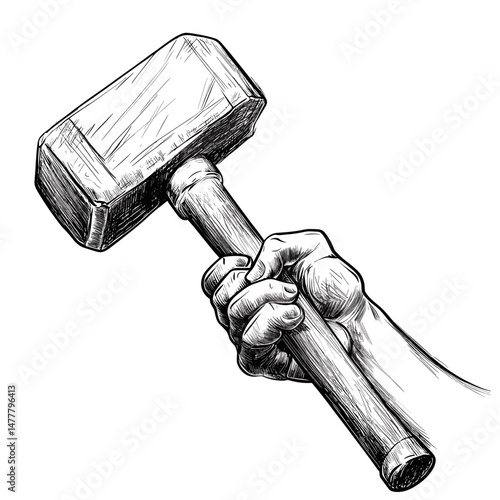 vector sketch hand holding hammer on white background .Generative AI