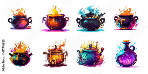 Vibrant vector set of magical cauldrons and potion bottles with glowing liquids and flames. Perfect for fantasy, game, and Halloween designs. vector set