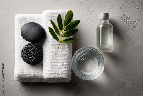 Spa stones with towel and leaf – minimal flat lay