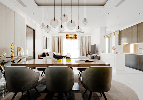 luxury home interior living room, dining room. 3d render.