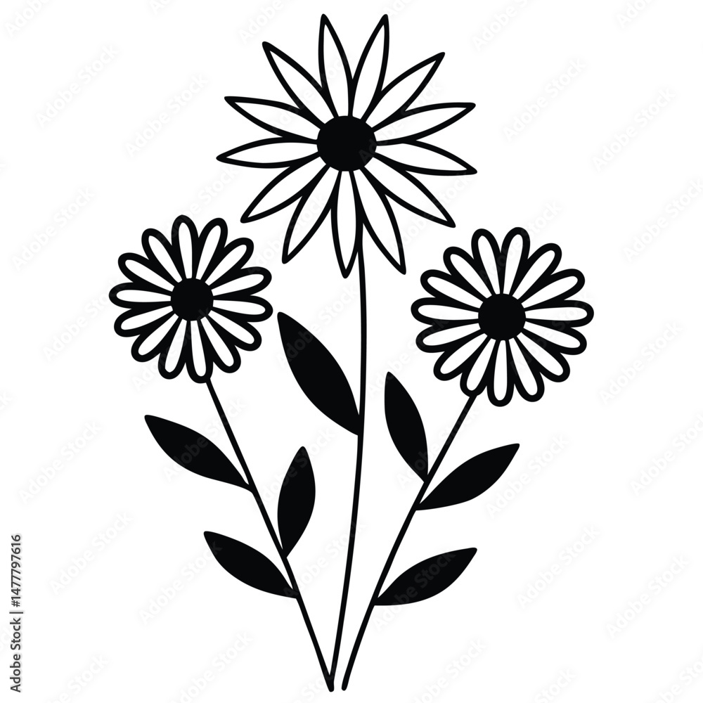 Black and white floral vector illustration of three daisies with leaves on a white background Black and white floral vector illustration of three daisies with leaves on a white background