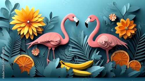 Tropical Paper Art Pink Flamingos Surrounded By Flowers Bananas And Oranges High Resolution Photo