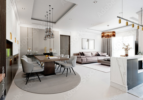 luxury home interior living room, dining room. 3d render.