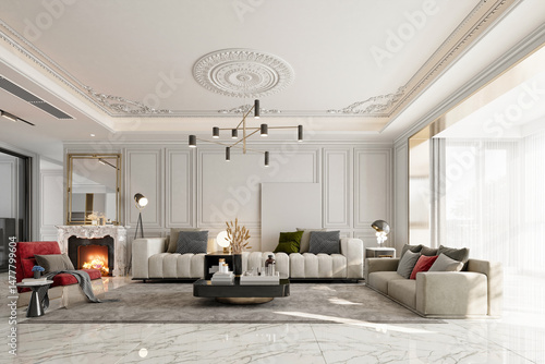luxury home interior living room, dining room. 3d render.