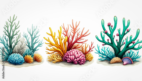 Watercolor triptych of coral reefs in bold crimson golden and magenta tones with feathery textures