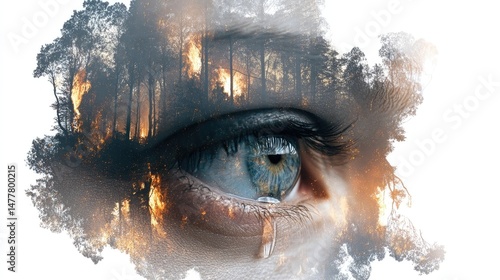 Crying eye reflecting burning forest expressing sadness and worry for the planet