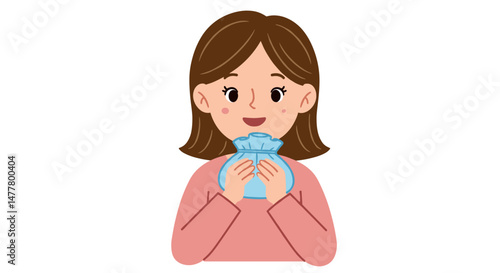 Happy young woman holding a cold pack with a smile in a simple background