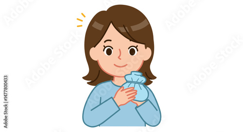 Young woman with a cheerful expression holding a cold compress in a minimalistic background