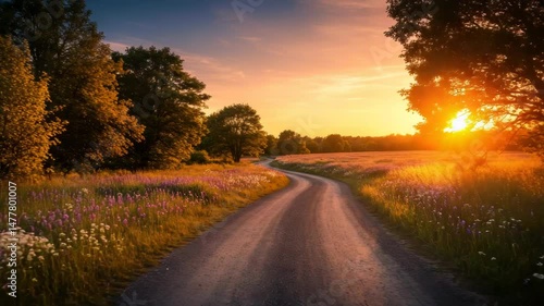 Country road sunset with wildflowers