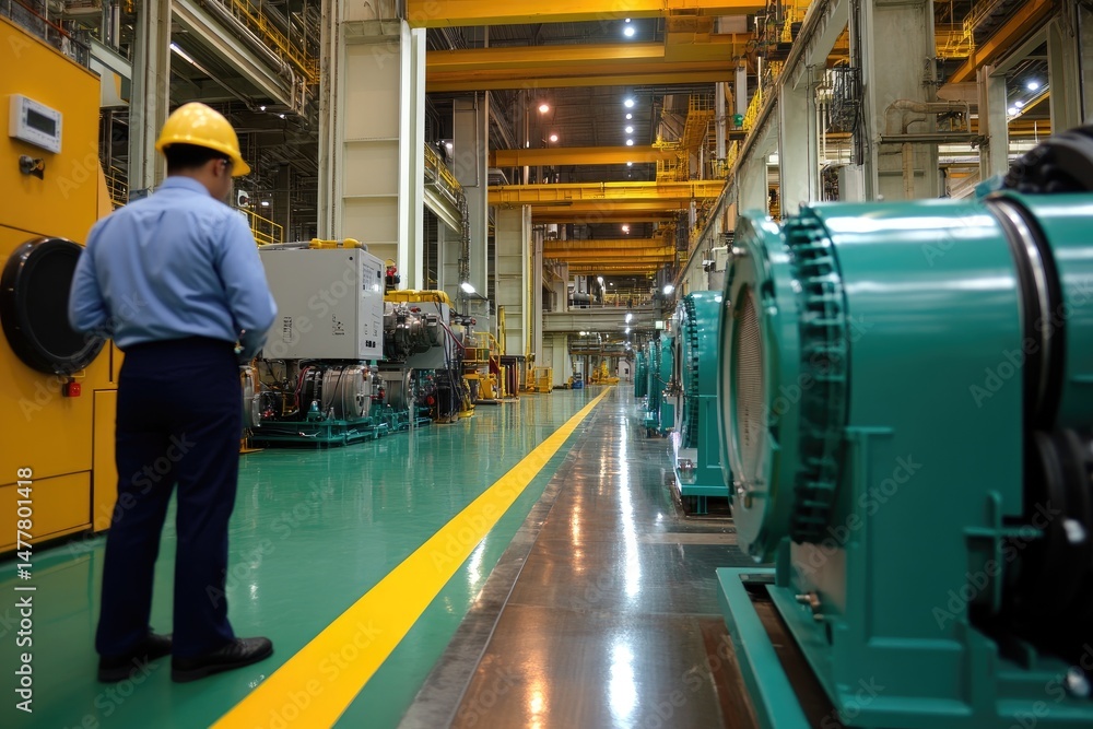 Engineer inspecting industrial equipment in manufacturing facility Engineer inspecting industrial equipment in manufacturing facility