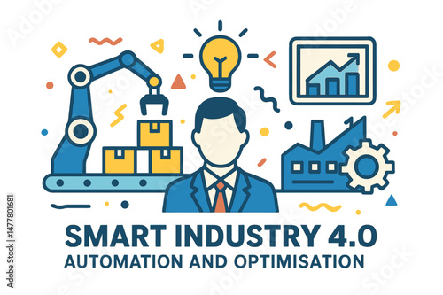 The concept of smart industry 0 is represented virtually, incorporating automation and optimisation, and highlighting business and modern technology