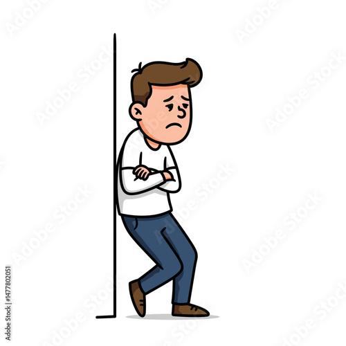 Upset young man leaning against a wall with a sad expression in a simple background
