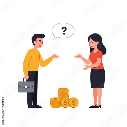 Couple arguing over finances with money and puzzled expressions in a casual setting