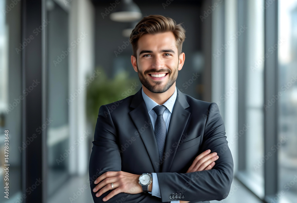 Real estate businessman in office confidently smiles at camera wearing formal attire during client consultation Real estate businessman in office confidently smiles at camera wearing formal attire during client consultation