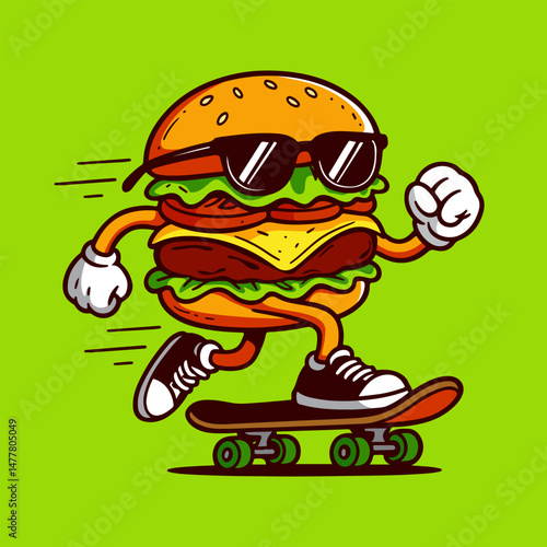 Fun and energetic cartoon illustration of a cheeseburger character riding a skateboard.