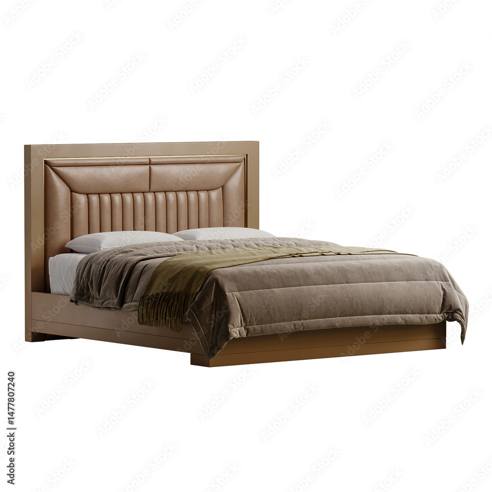 Obraz premium A bed with a brown headboard and a tan comforter
