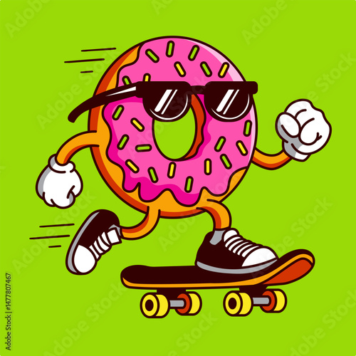 Fun and energetic cartoon illustration of a pink frosted donut character wearing sunglasses, gloves, and sneakers, riding a skateboard.