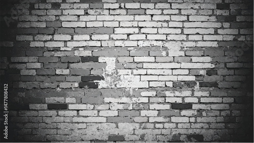 Black and white tone Brick wall background. A black and white brick wall texture with a grungy, distressed look.	