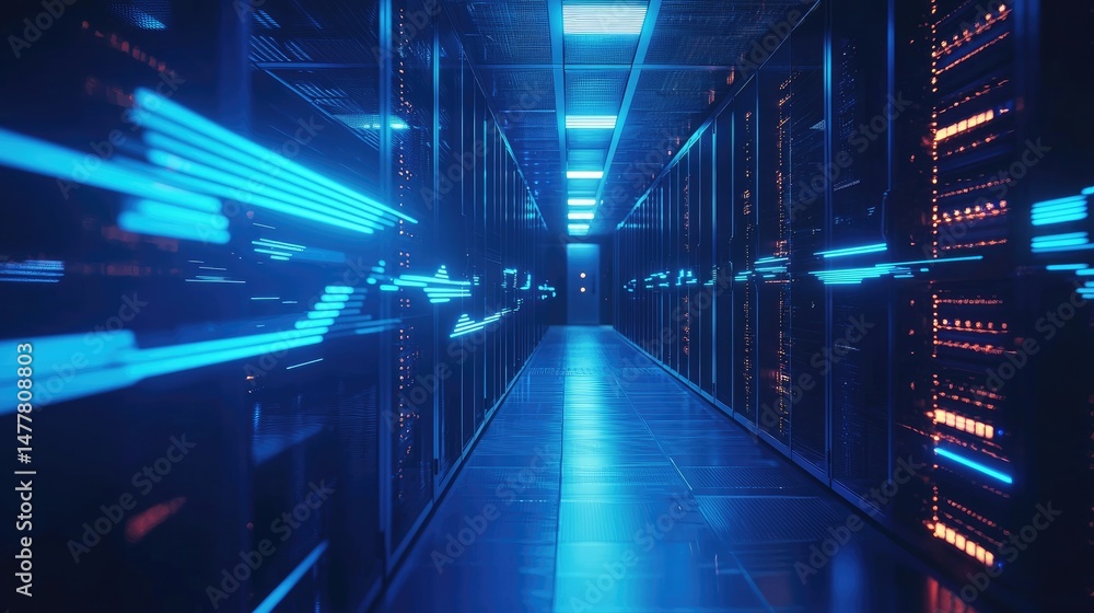Fototapeta premium Modern server room corridor with blue neon lights and data racks, ideal for visual content about secure cloud computing, data transfer speed, and tech environments