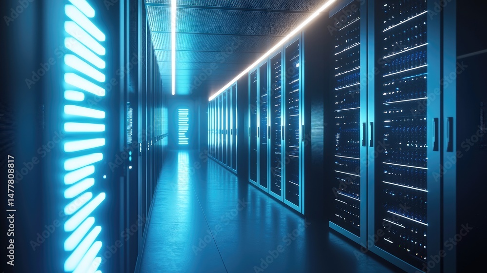 Futuristic data center corridor with glowing blue lighting and advanced servers, ideal for showcasing AI systems, cloud computing, or secure IT infrastructure concepts Futuristic data center corridor with glowing blue lighting and advanced servers, ideal for showcasing AI systems, cloud computing, or secure IT infrastructure concepts