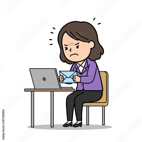 Upset woman reading a work email at a desk with a frustrated expression