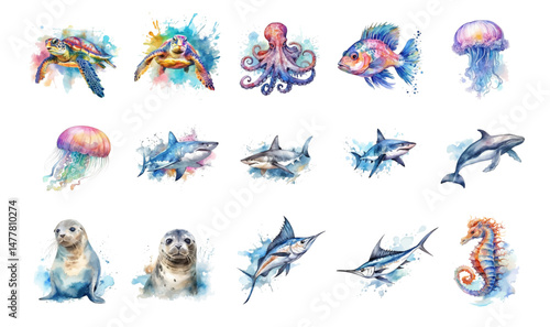 Detailed watercolor vector illustrations of sea animals including turtles, octopus, jellyfish, fish, sharks, whales, seals, swordfish, and seahorse. vector set