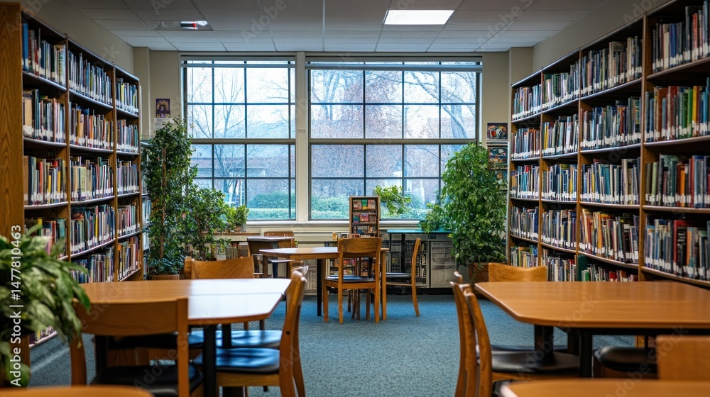 Well-lit, spacious library with study tables and bookshelves Well-lit, spacious library with study tables and bookshelves