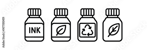 Eco-friendly ink bottles with green, recycle, and leaf icons in minimalist design vector icon illustration