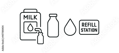Milk refill station icons bottle, drop, and sign outline symbols vector icon illustration