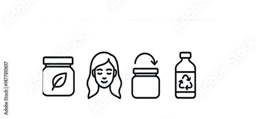 Eco-friendly packaging icons with jar, female face, recyclable jar and bottle symbols vector icon illustration