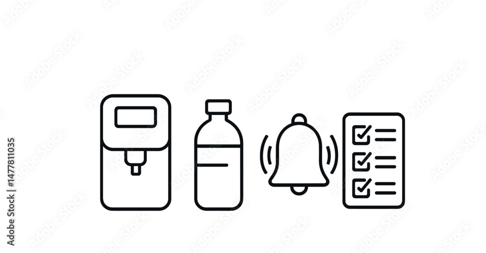 Water dispenser, bottle, bell, and checklist line icons vector icon illustration Water dispenser, bottle, bell, and checklist line icons vector icon illustration