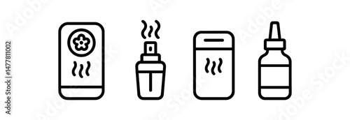 Black and white icons of bathroom air freshener, spray bottle, solid gel, oil diffuser vector icon illustration