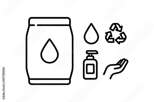 Eco-friendly liquid soap icons with recycle symbol and hand gesture vector icon illustration