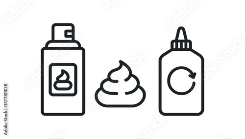 Monochrome icons of soap dispenser, cream, and refill bottle vector icon illustration