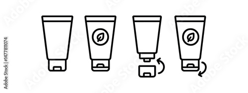 Eco-friendly skincare tubes with leaf icon and rotating cap vector icon illustration