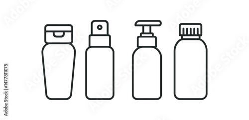 Outline icons of various toiletry bottles with different dispensers vector icon illustration