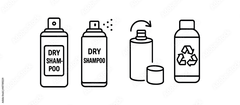 Dry shampoo icons spray, arrow twist, recycling symbols in black and white vector icon illustration Dry shampoo icons spray, arrow twist, recycling symbols in black and white vector icon illustration