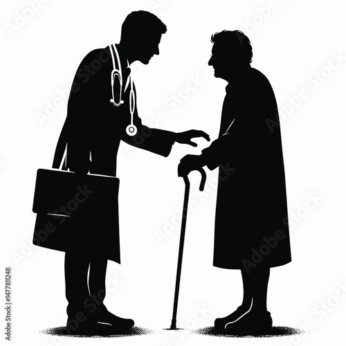 Wallpaper Mural vector silhouette of a doctor talking to an elderly patient with a cane, compassionate body language, white background  Torontodigital.ca