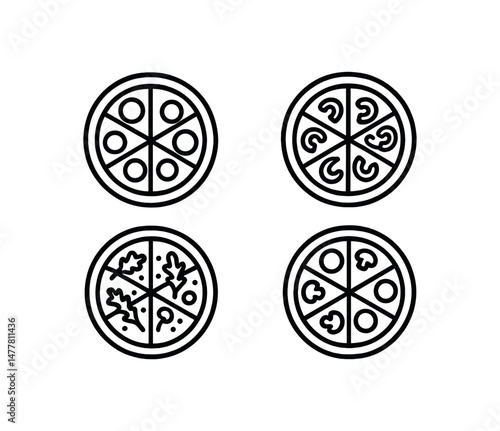 Four pizza toppings variations icons in black and white outline style vector icon illustration