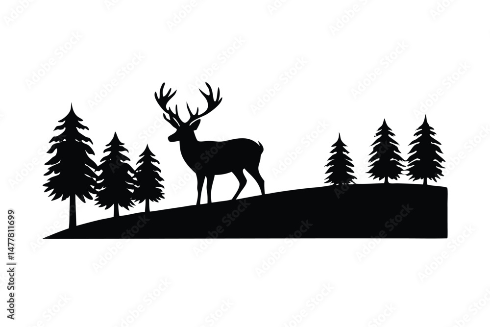 Open Fields with Deer Silhouette Vector Open Fields with Deer Silhouette Vector