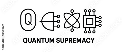 Quantum supremacy symbols qubit, logic gate, atom, circuit vector icon illustration