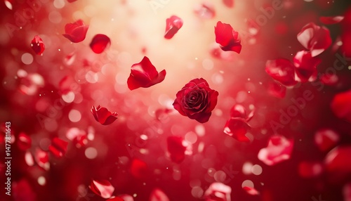 Red rose petals floating in a vibrant display.
