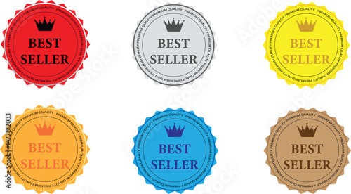 Set of Multicolored Best Seller Badges with Crown Icons