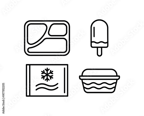 Outline icons of frozen dinner, ice pop, ice pack, and ice cream tub vector icon illustration