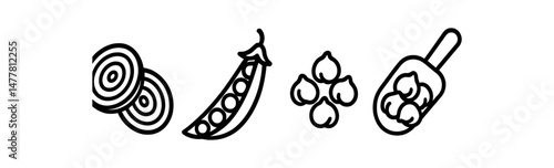 Black and white vegetable icons peas, onions, garlic, scoop vector icon illustration